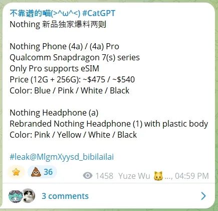 Nothing Phone (4a) and Nothing Headphone (a) info on Telegram