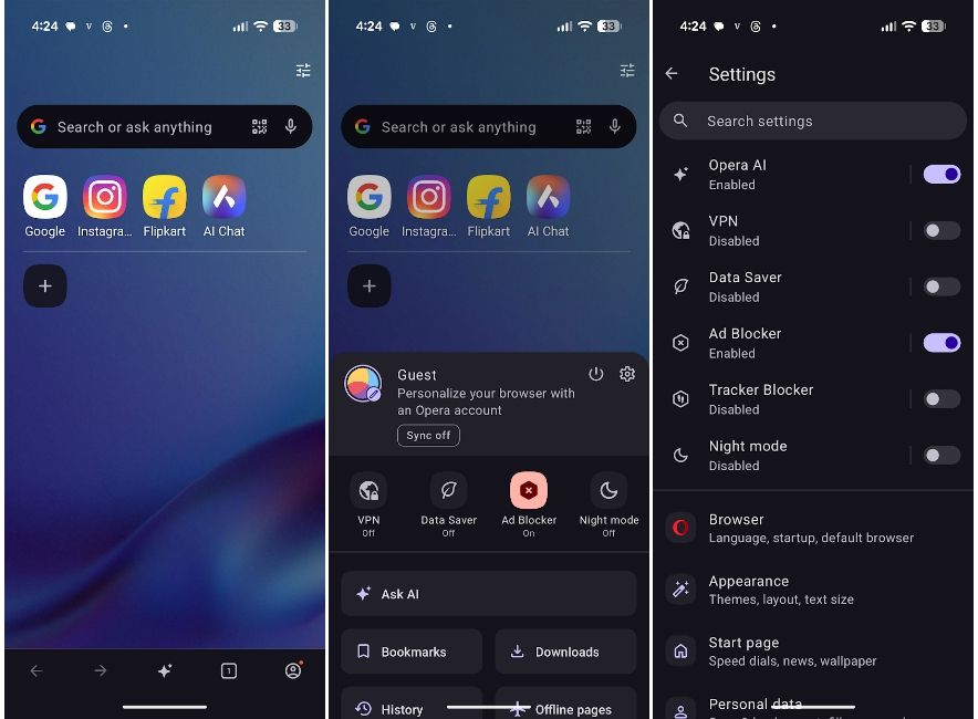 Opera browser home page and settings