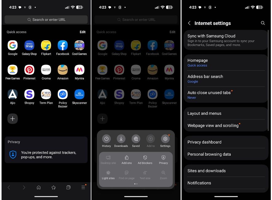 Samsung Interent home page and settings