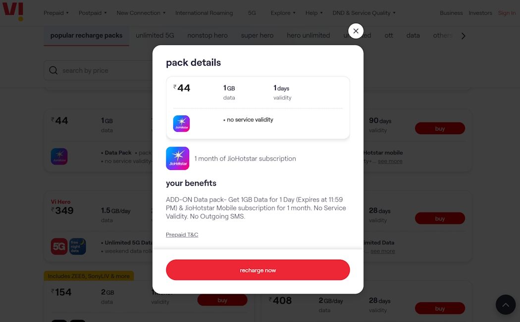 Vodafone Idea Rs 44 prepaid voucher