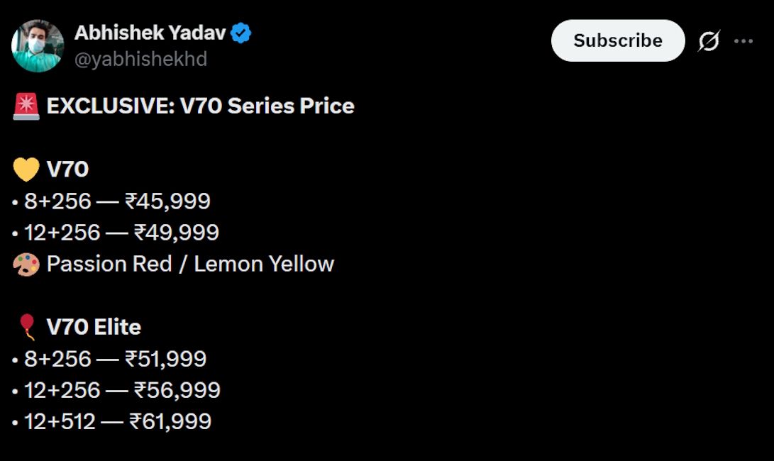 Vivo V70 and V70 Elite leaked pricing and configuration details