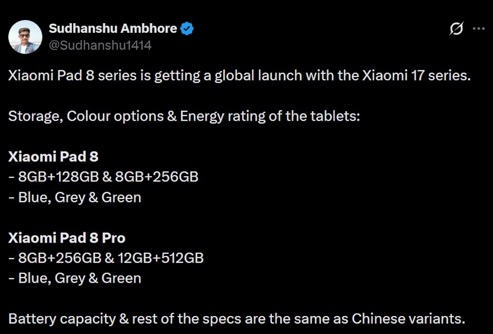 Xiaomi Pad 8 and Pad 8 Pro leaked RAM, storage and colour options