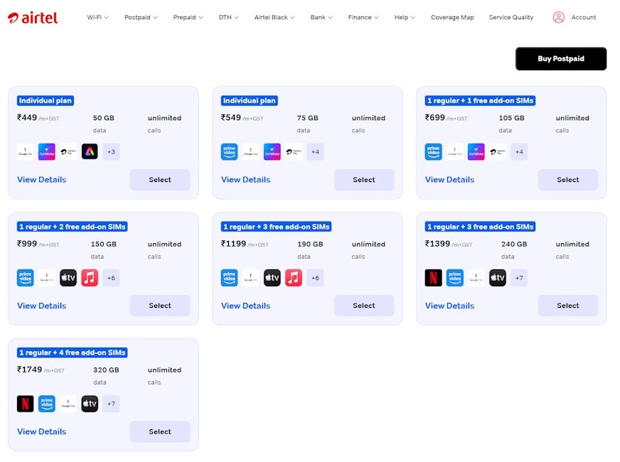 Airtel postpaid plans