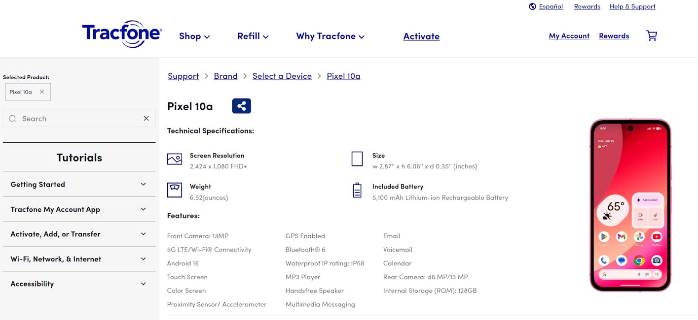 Google Pixel 10a Tracfone listing spotted