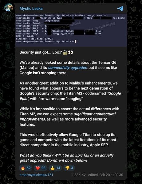 Mystic Leaks telegram leak Tensor G6 and Titan M3