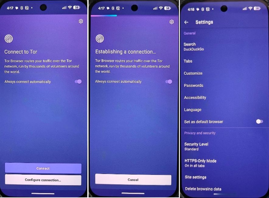 Tor browser home page and settings