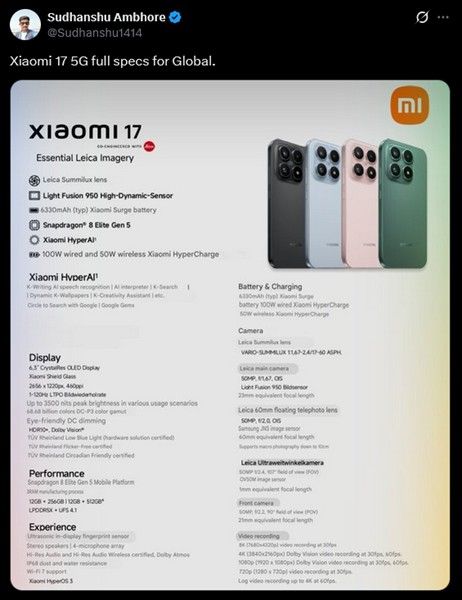 Xiaomi 17 specs sheet global X post