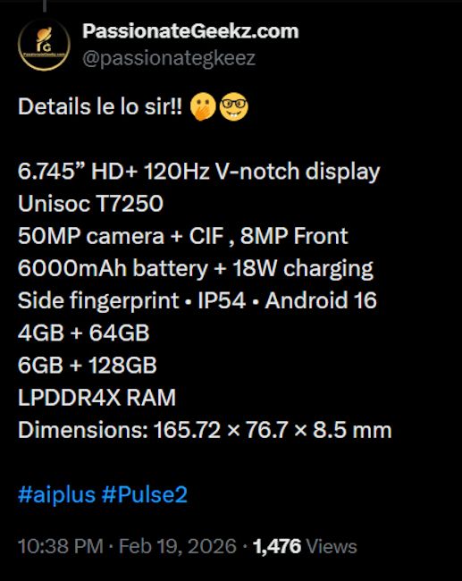 Screenshot of Ai+ Pulse 2 4G specs leak