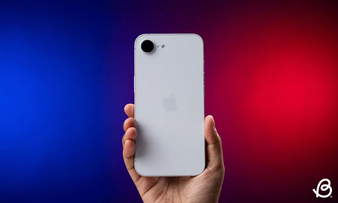 iPhone 16e in hand while showcasing the back design