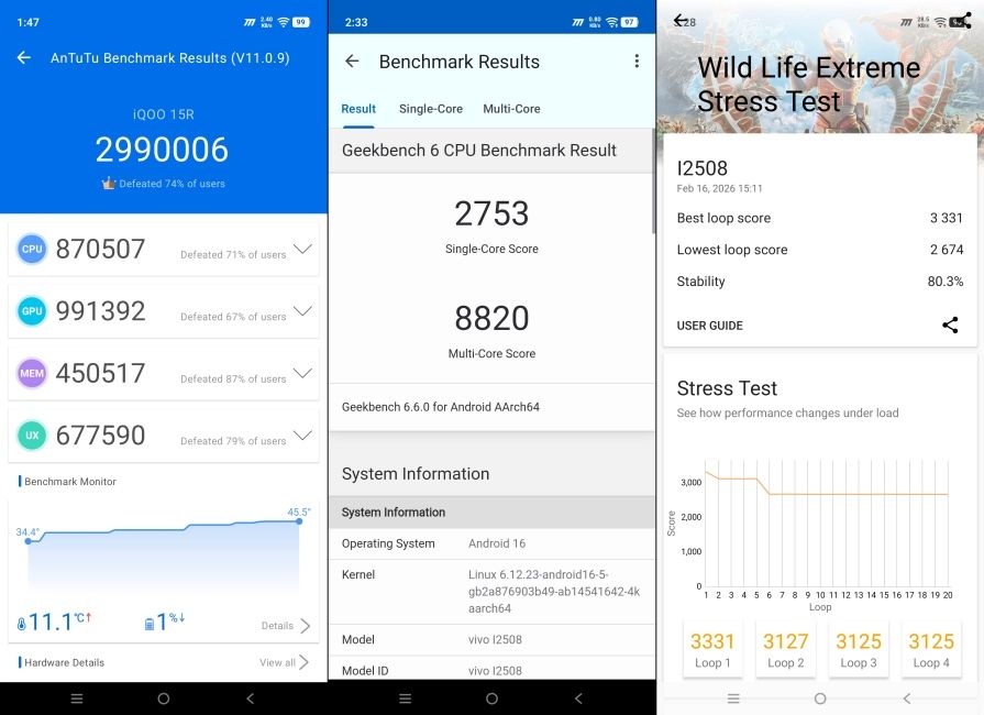 iQOO 15R benchmark screenshots side by side