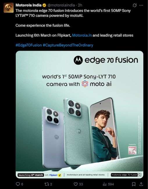 Screenshot of Motorola India X post revealing the Edge 70 Fusion launch date
