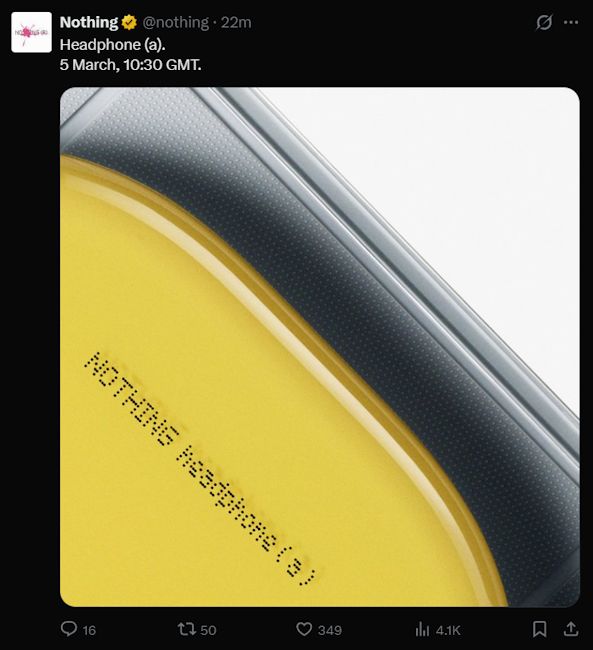 Screenshot of official Nothing X post confirming the Headphone (a) launch date and teasing its design