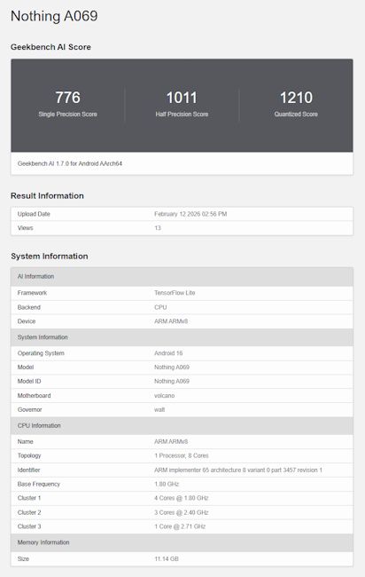 Nothing Phone (4a) Geekbench AI listing screenshot Nothing Phone (4a) Geekbench AI listing screenshot