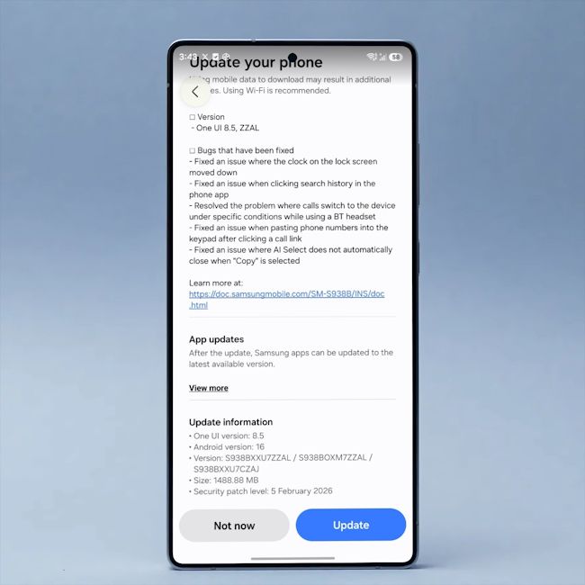 One UI 8.5 Beta 3 update page