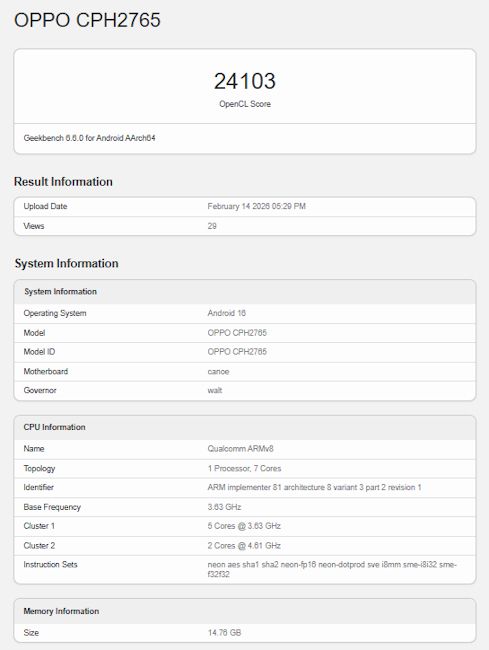 Oppo Find N6 Geekbench OpenCL GPU result