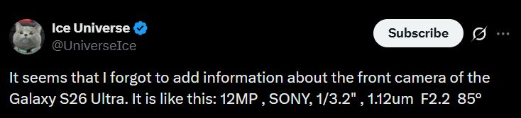 Screenshot of X post tipping the Galaxy S26 Ultra selfie camera details Screenshot of X post tipping the Galaxy S26 Ultra selfie camera details
