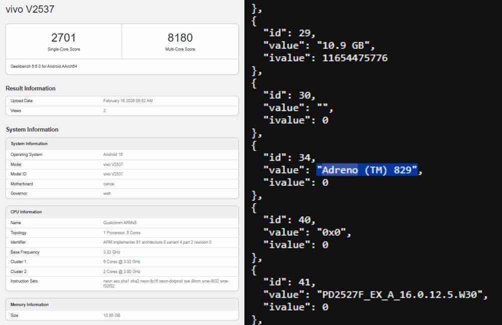 Screenshot of Vivo X300 FE Geekbench listing