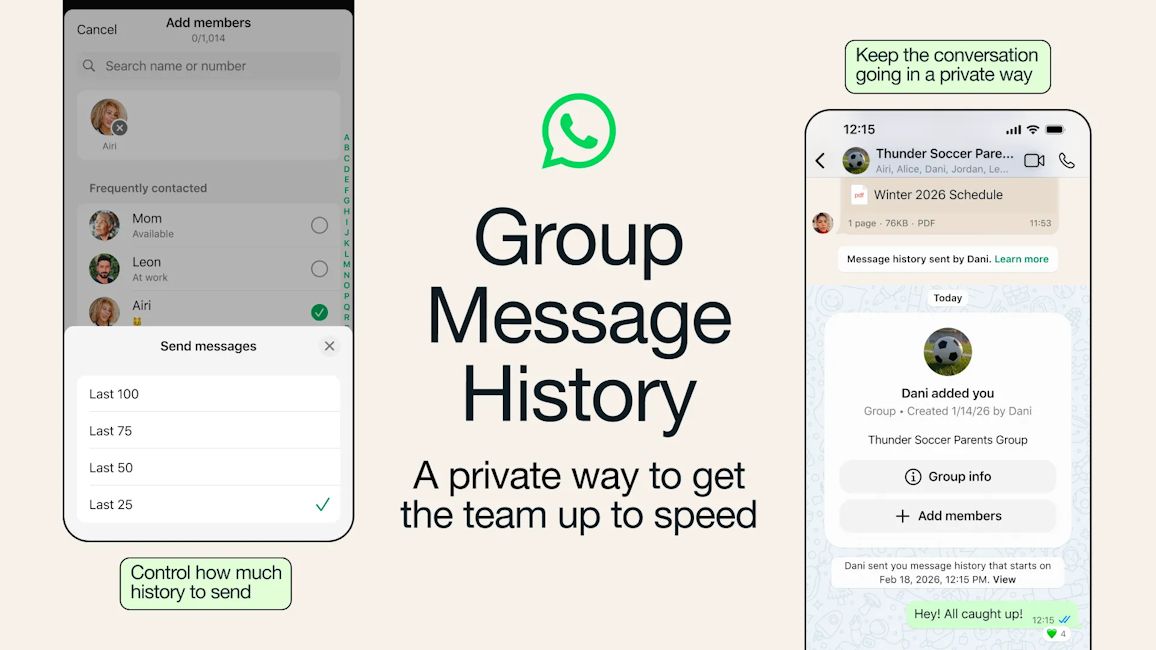 WhatsApp Group Message History feature showcased in banner