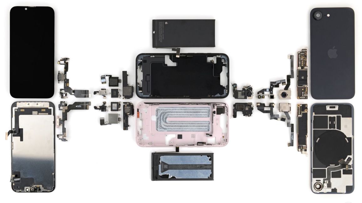 iPhone 17e and iPhone 16e disassembled side by side