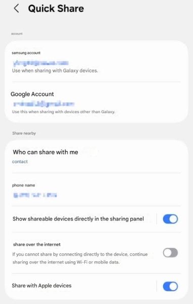AirDrop Quick Share settings page