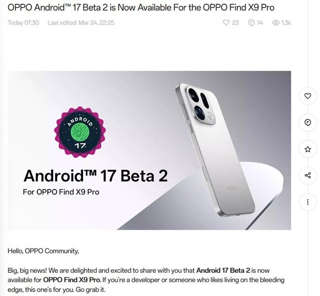 Android 17 Beta 2 Oppo Find X9 Pro community post