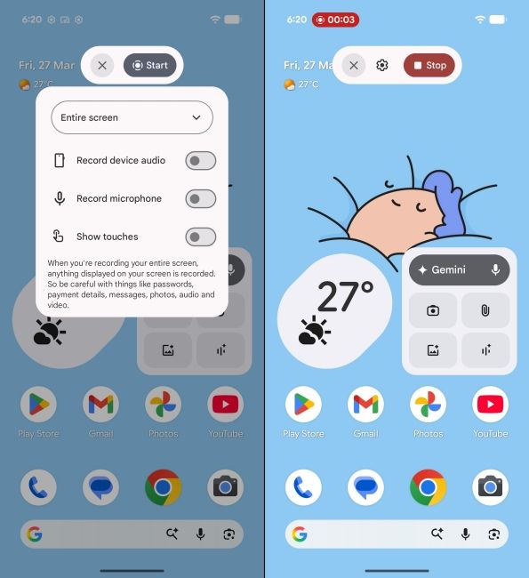 Android 17 New Screen Recorder Overview Screenshots side by side