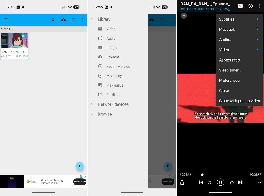 BS Player user interface on Android