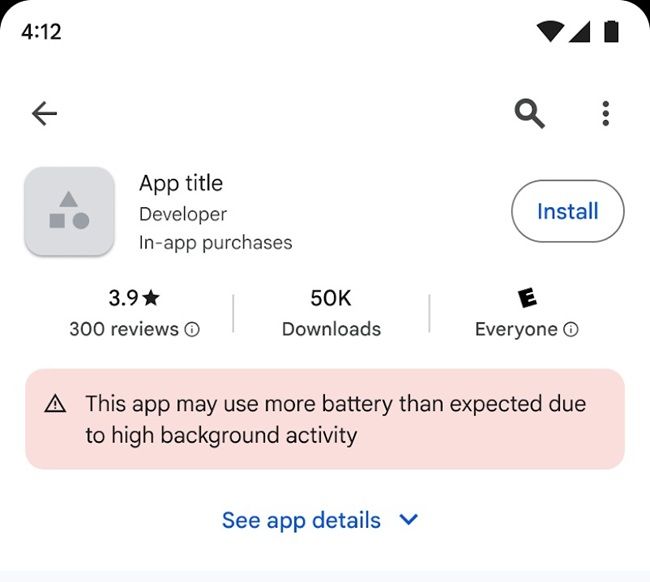 Google Play Store app warning for high battery usage