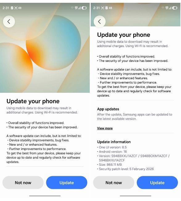 Samsung Galaxy S26 Ultra receives new One UI 8.5 update