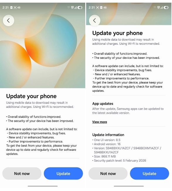 Samsung Galaxy S26 february update page Samsung Galaxy S26 february update page