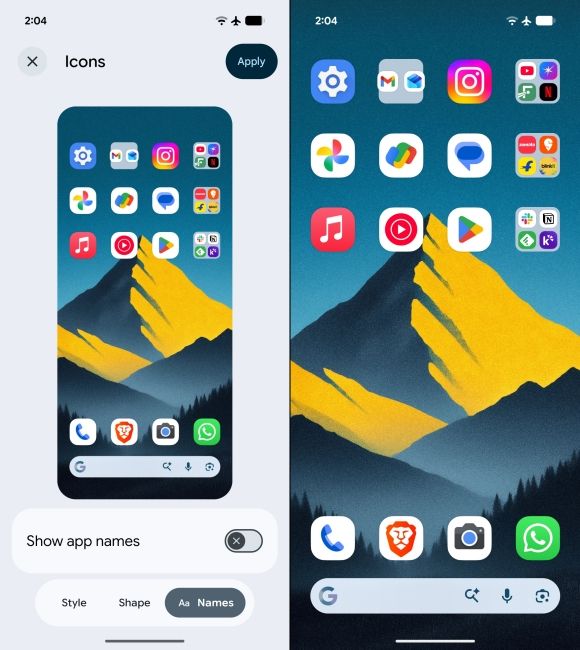 Hide App Names in Android 17 screenshots side by side