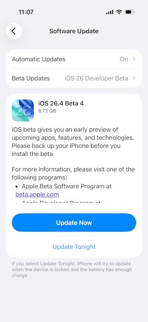 iOS 26.4 Developer Beta 4 update