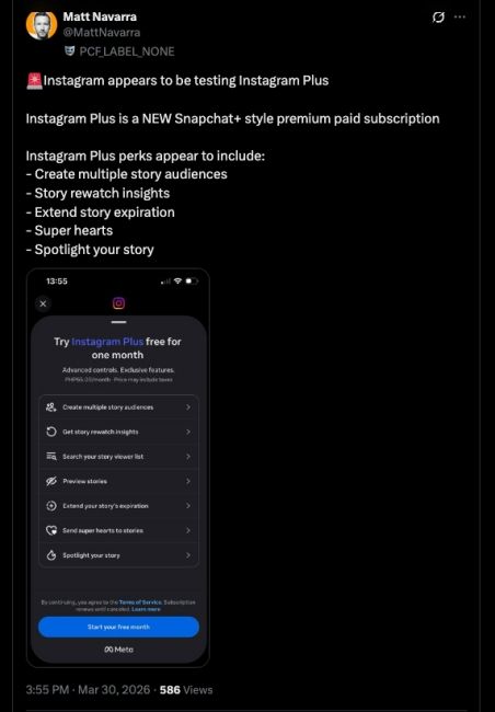 Matt Navarra X post screenshot for Instagram Plus