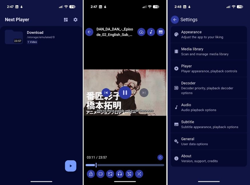 Next Player user interface on Android