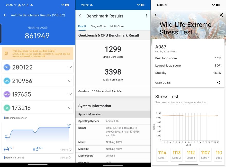 Nothing Phone (4a) Benchmark screenshots side by side
