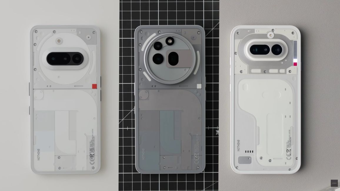 Nothing Phone (4a) with Phone (3a) and Phone (3a) Pro next to it