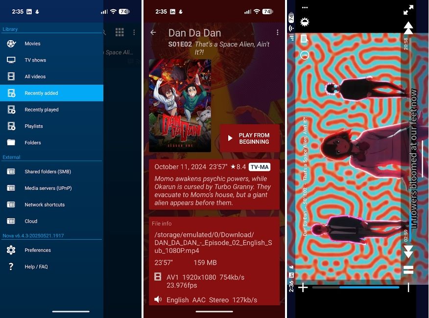 Nova Player user interface on Android