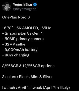 OnePlus Nord 6 information on X