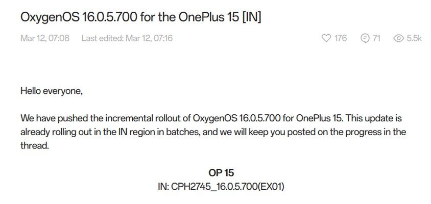 OnePlus community post OxygenOS update