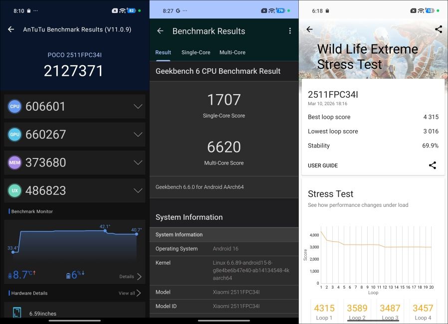 POCO X8 Pro benchmark screenshots side by side