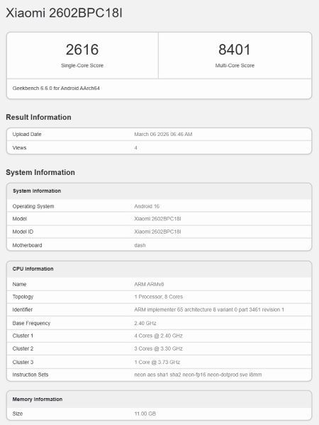 Poco X8 Pro Max India variant Geekbench score