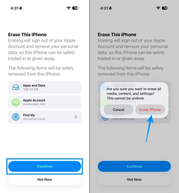 Press Continue to Erase iPhone 
