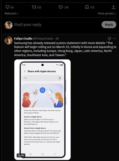 Quick Share rollout date Samsung smartphones