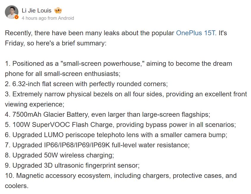 OnePlus 15T confirmed details