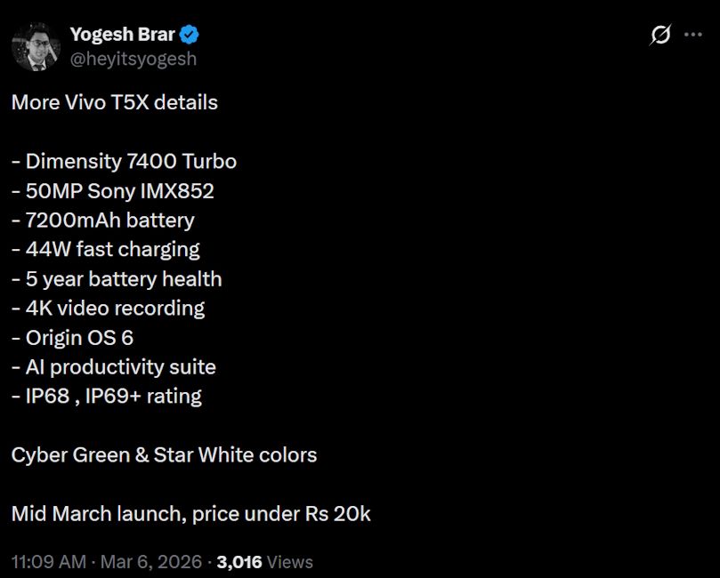 Vivo T5x 5G leaked specs