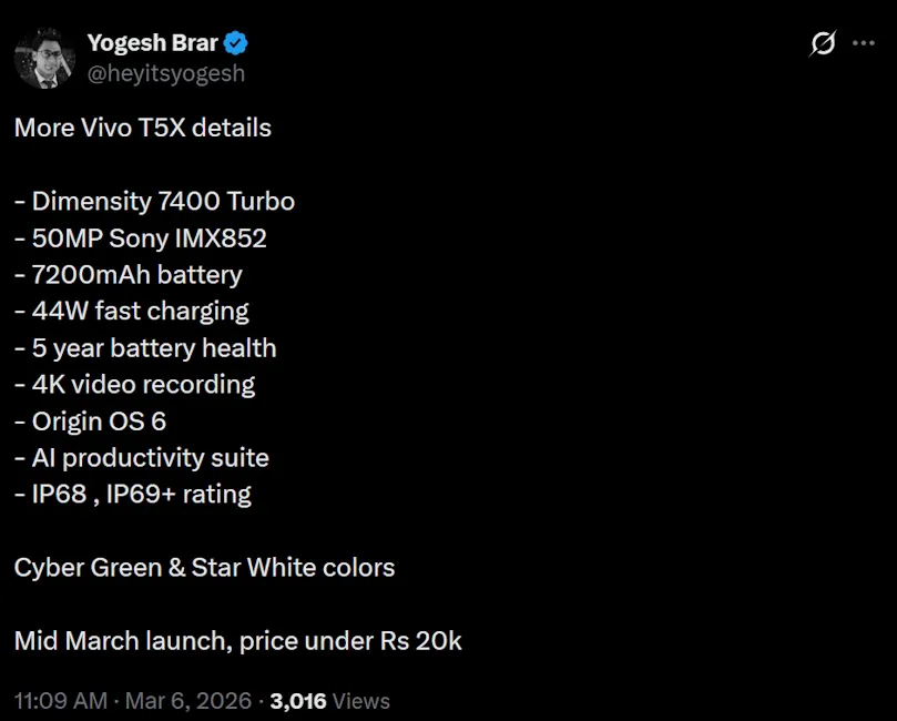 Vivo T5x 5G leaked specs