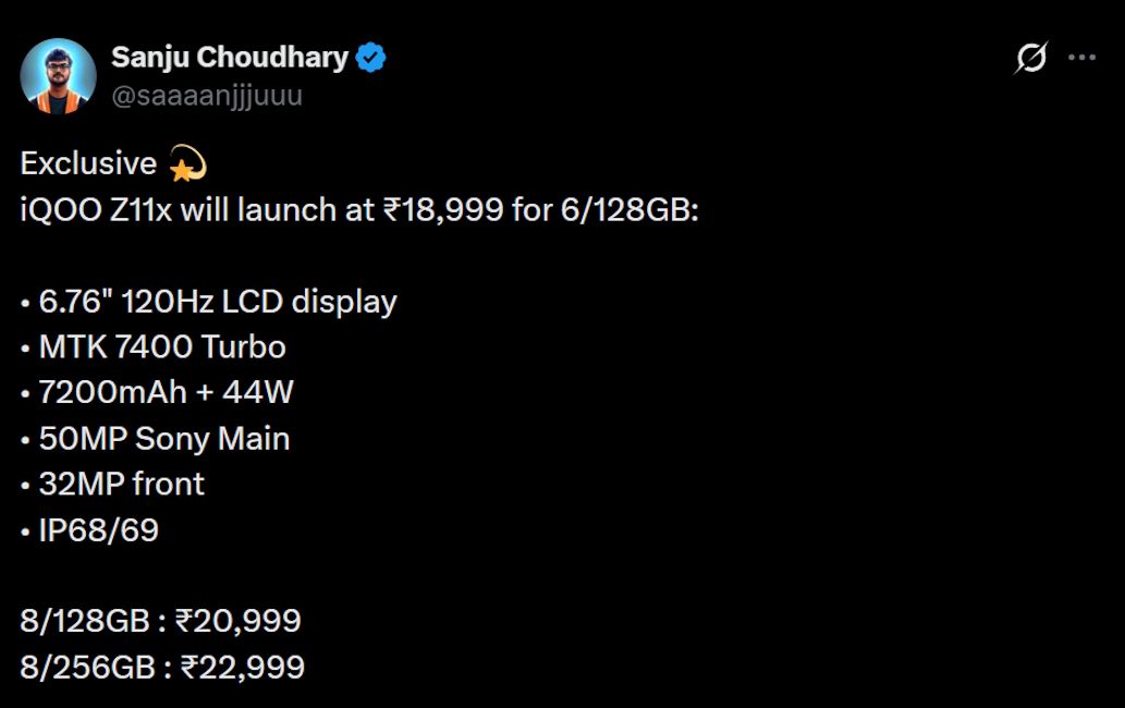 iQOO Z11x 5G leaked pricing
