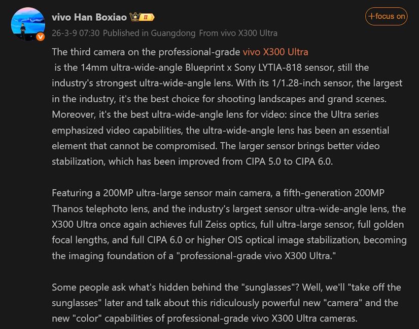 Vivo X300 Ultra confirmed to feature 50 MP Sony IMX-818 ultra-wide angle camera