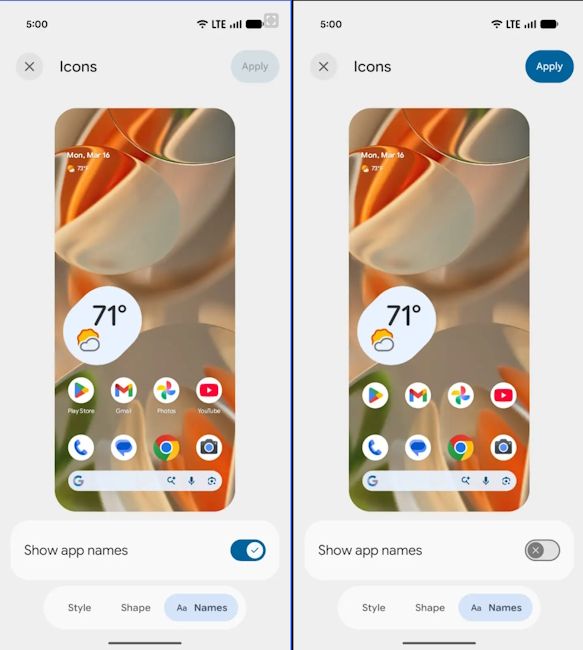 Android 17 Beta 3 with hide app labels option Android 17 Beta 3 with hide app labels option