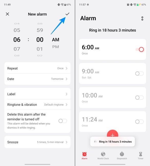 Set an alarm on Vivo phone screenshots side by side Set an alarm on Vivo phone screenshots side by side